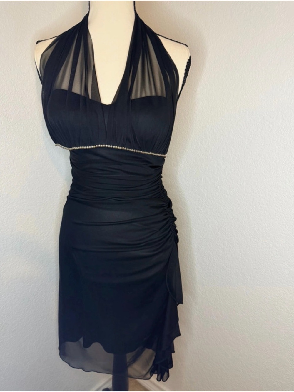 Y2K blondie nites Elegant Black Halter Sheer-Accent Dress